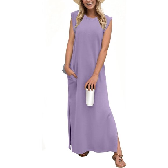 Grecerelle Women Purple Round Neck Loose Split Wrinkle-Free Long Maxi Dress - Picture 1 of 6